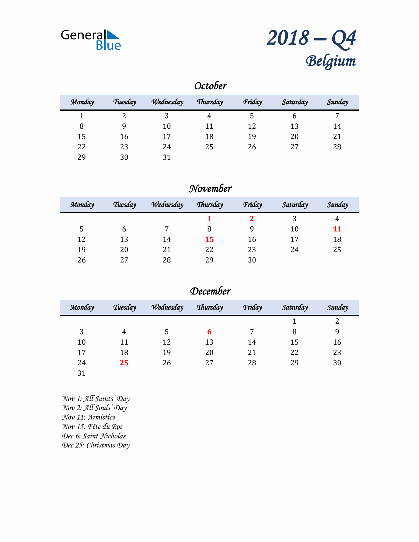 October, November, and December Calendar for Belgium with Monday Start