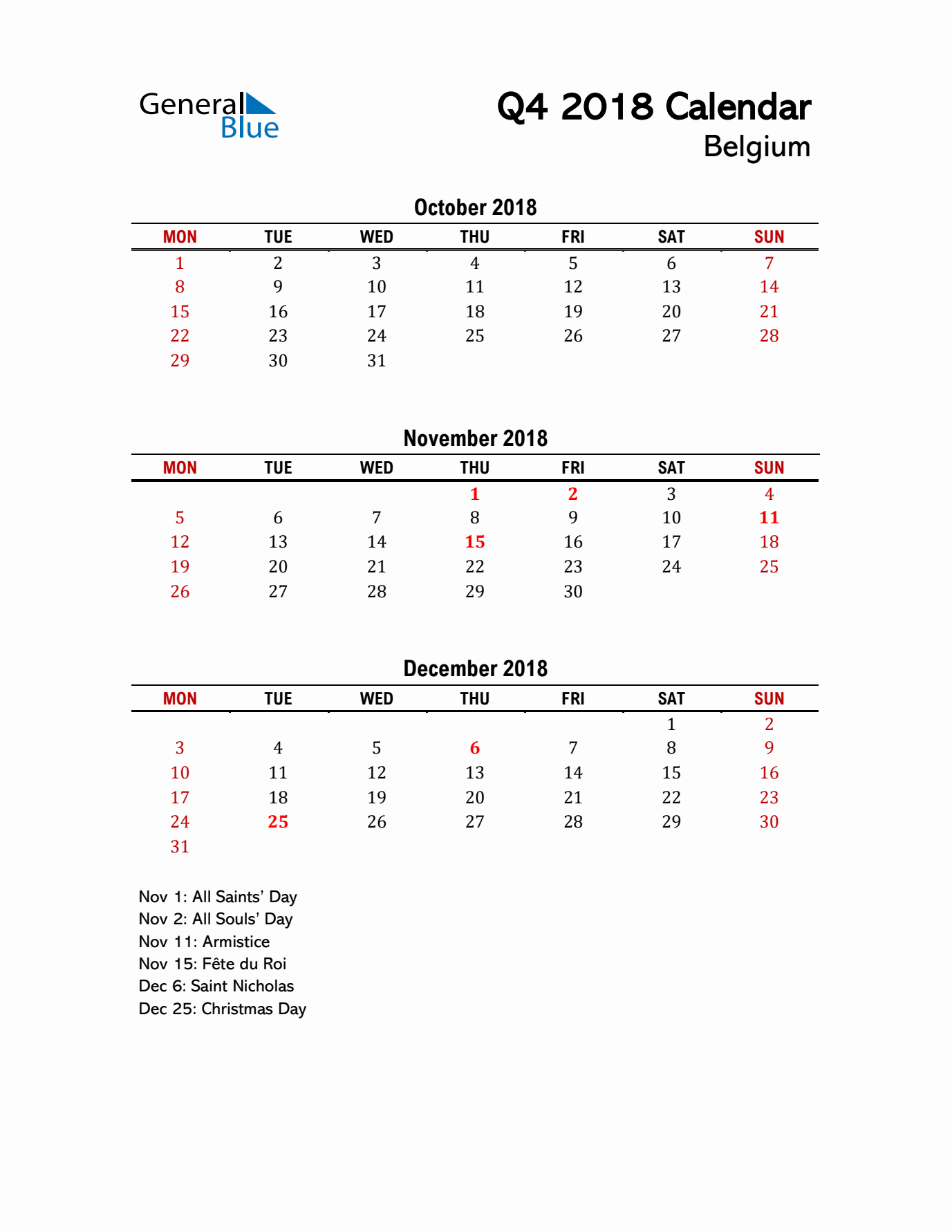 2018 Q4 Calendar with Holidays List for Belgium