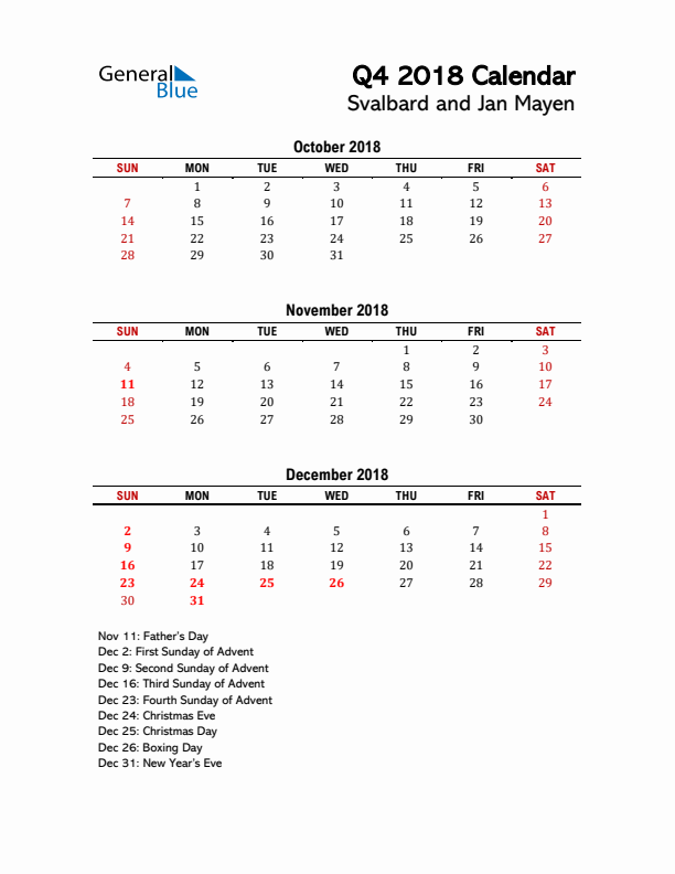 2018 Q4 Calendar with Holidays List for Svalbard and Jan Mayen