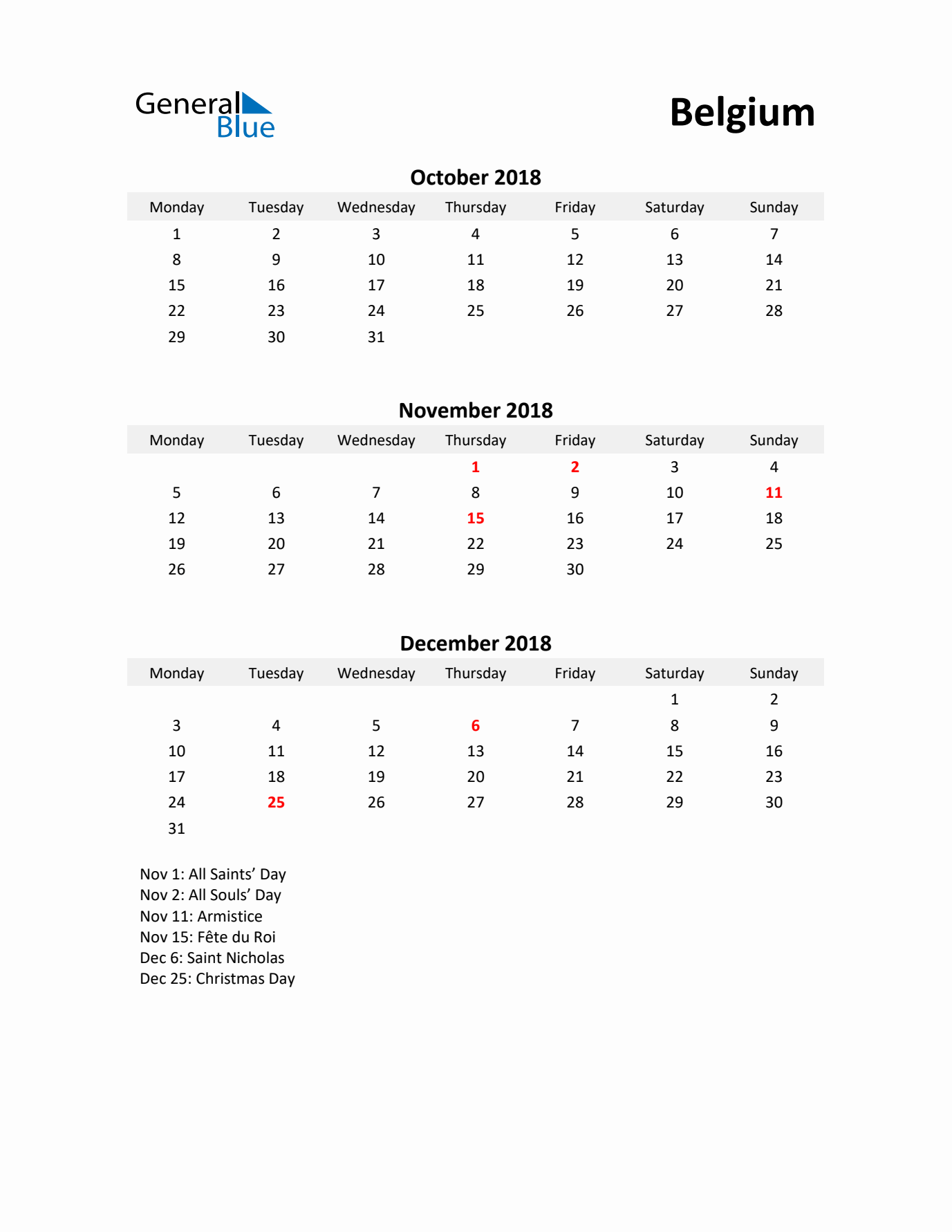 Printable Quarterly Calendar with Notes and Belgium Holidays- Q4 of 2018