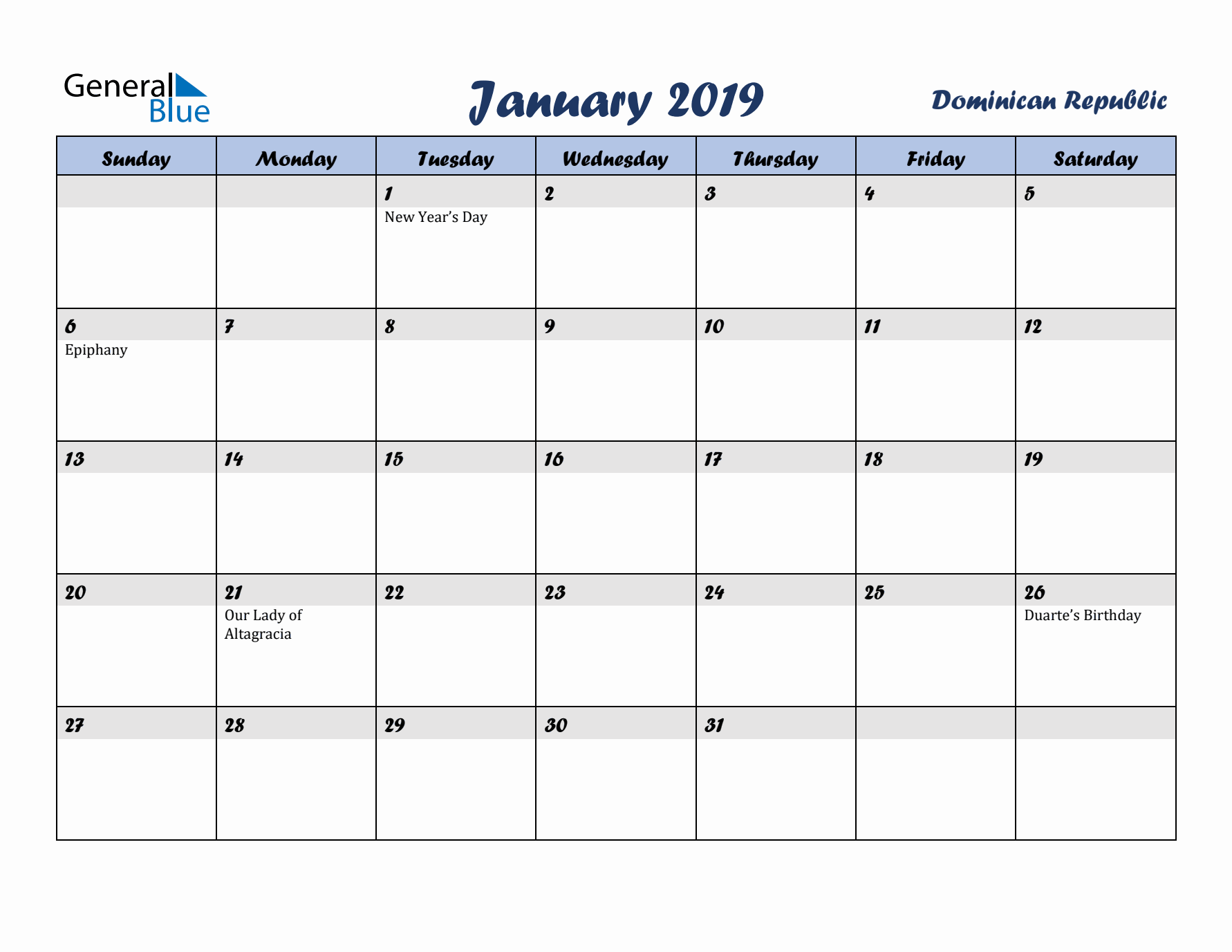 January 2019 Calendar with Holidays in Dominican Republic