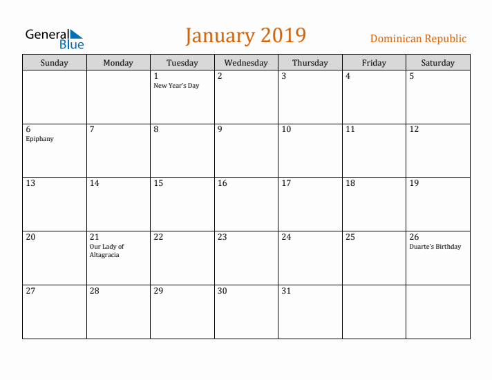 January 2019 Holiday Calendar with Sunday Start