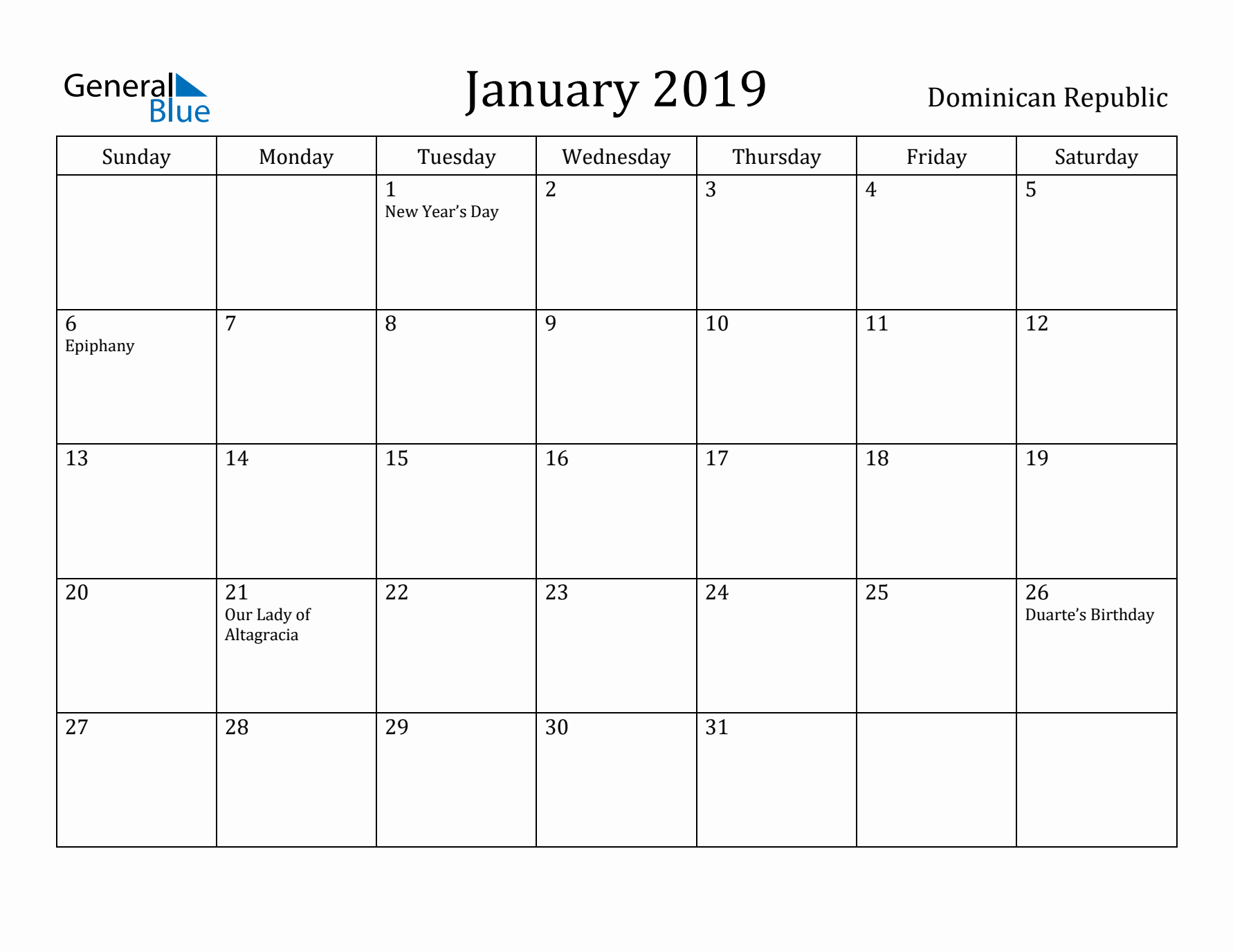 January 2019 Calendar Dominican Republic