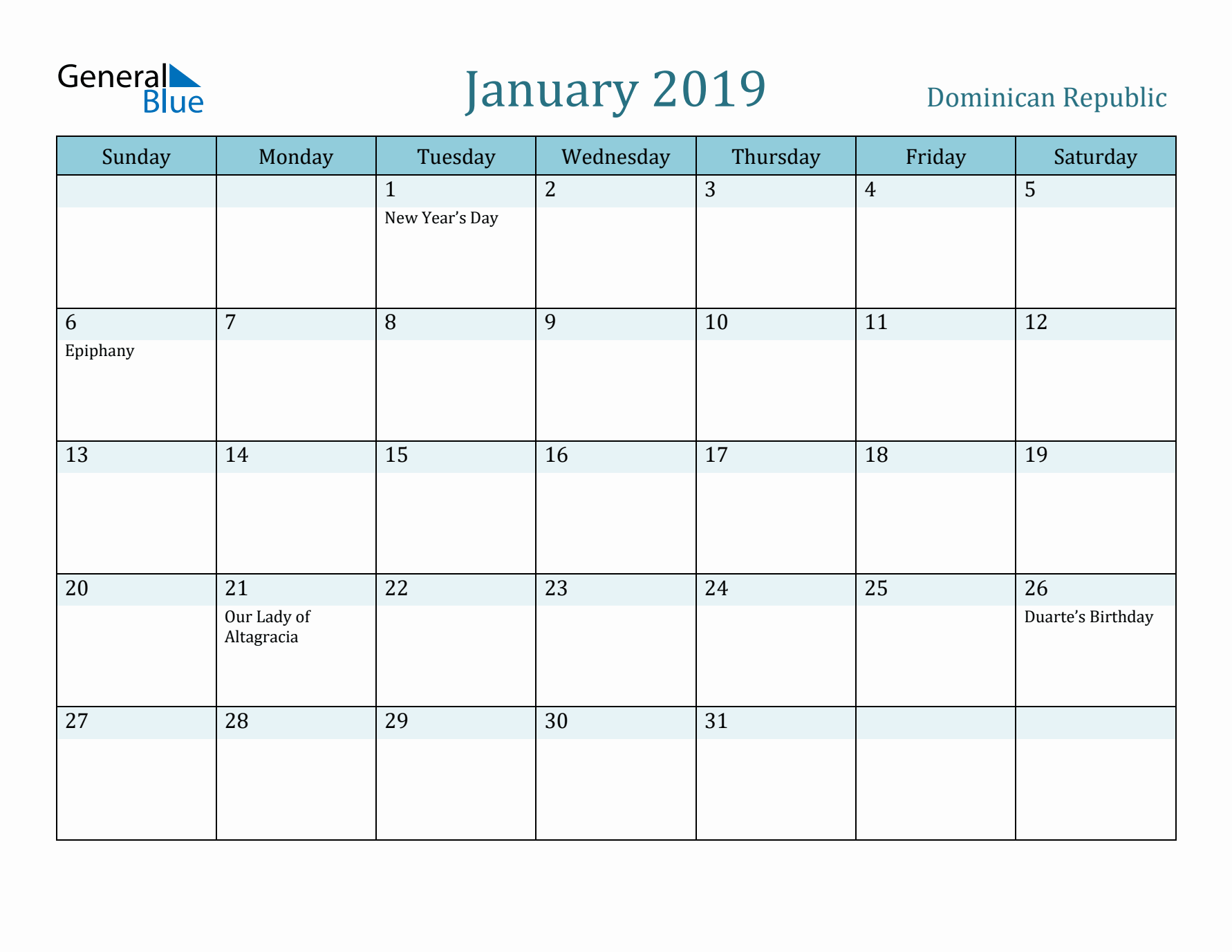 January 2019 Calendar with Holidays
