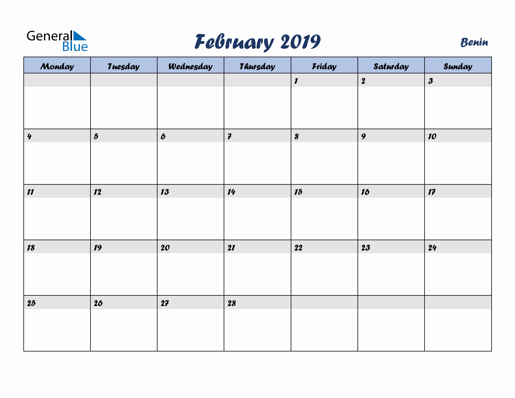 February 2019 Calendar with Holidays in Benin