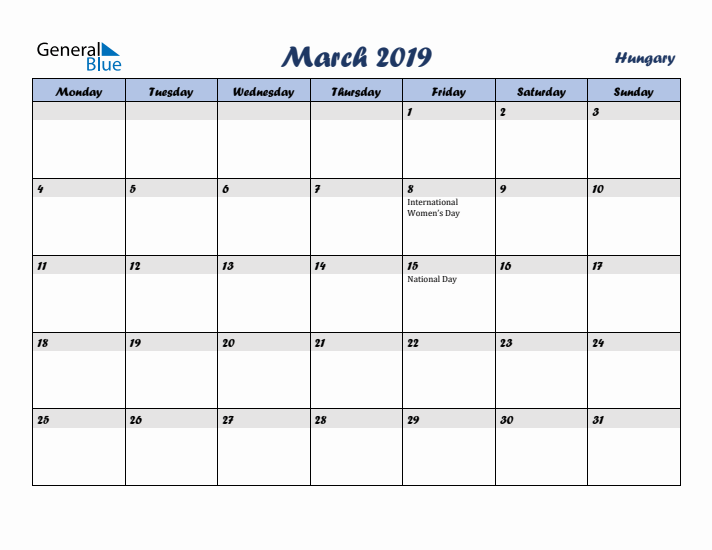 March 2019 Calendar with Holidays in Hungary