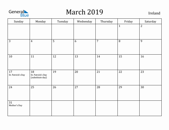 March 2019 Calendar Ireland