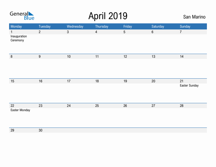 Fillable April 2019 Calendar