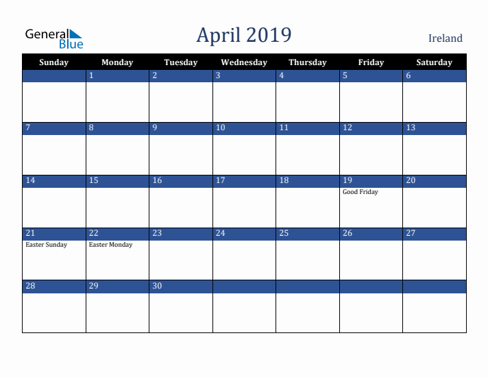 April 2019 Ireland Calendar (Sunday Start)
