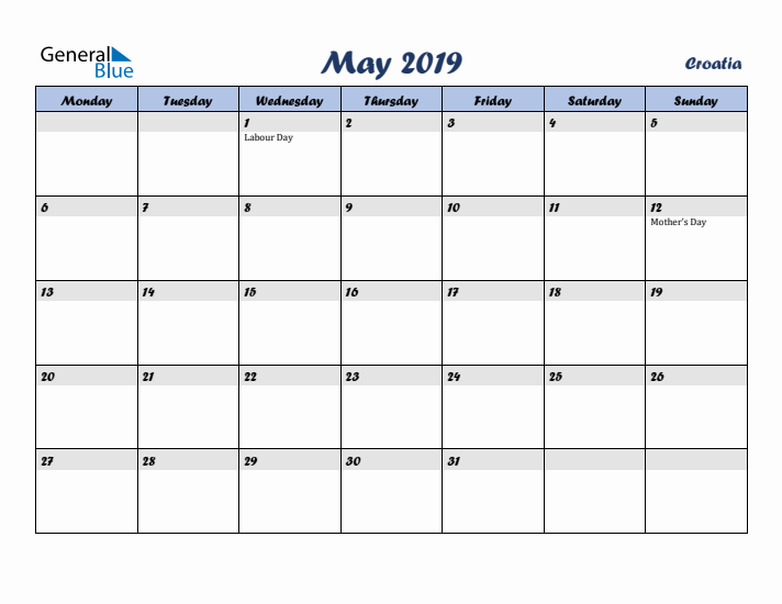 May 2019 Calendar with Holidays in Croatia