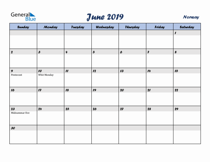 June 2019 Calendar with Holidays in Norway