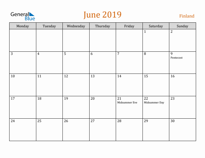 June 2019 Holiday Calendar with Monday Start