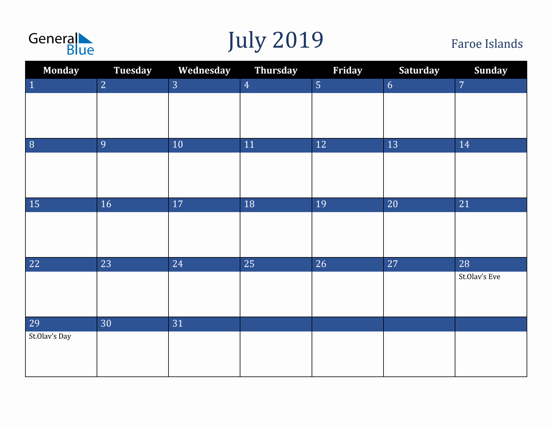July 2019 Faroe Islands Calendar (Monday Start)