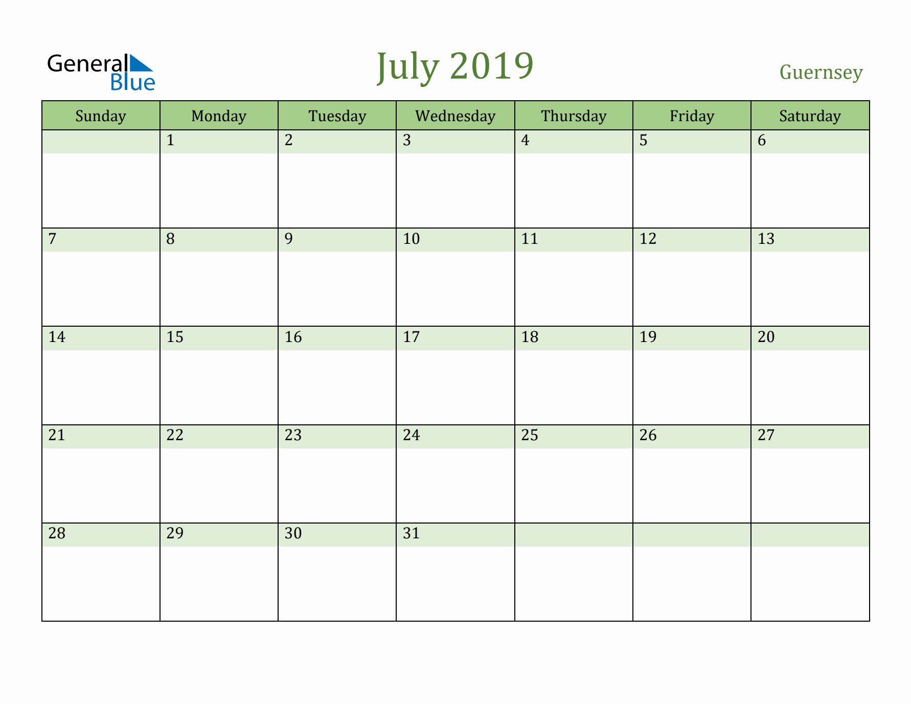 July 2019 Calendar with Guernsey Holidays