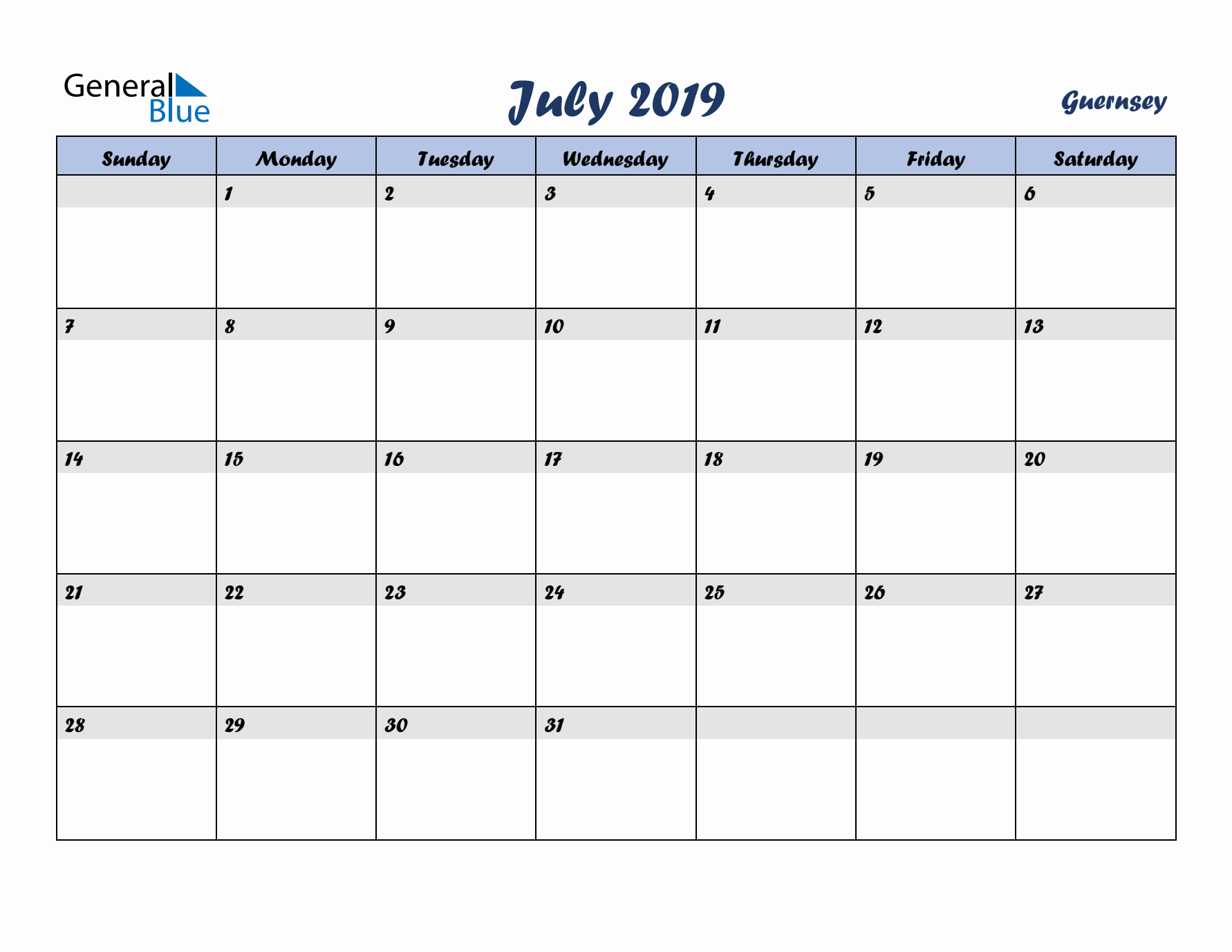 July 2019 Calendar with Holidays in Guernsey