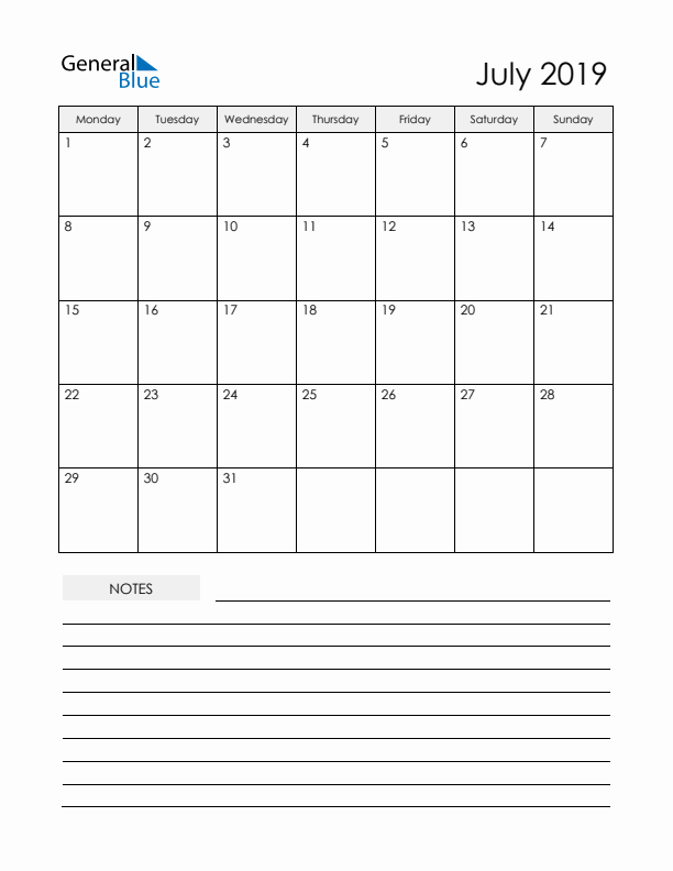 Printable Calendar with Notes - July 2019