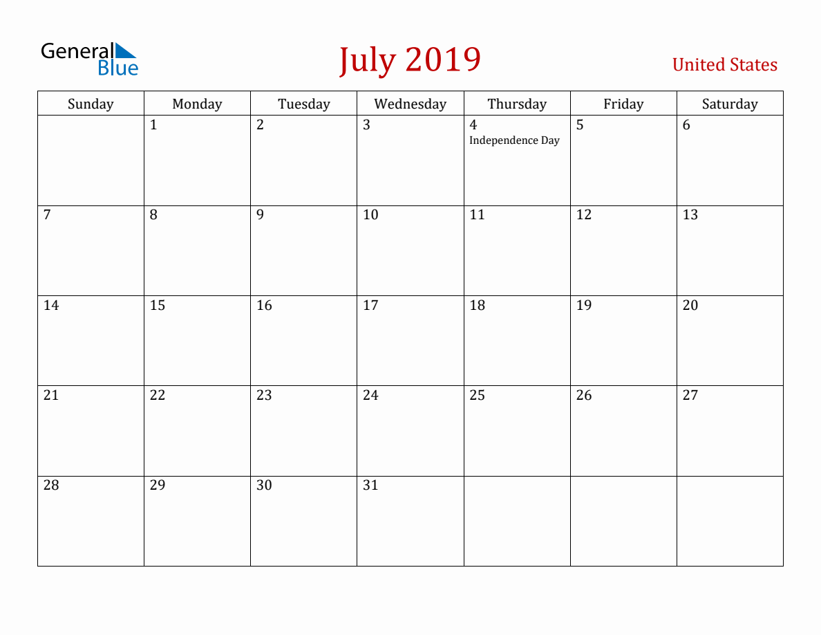 July 2019 United States Monthly Calendar with Holidays