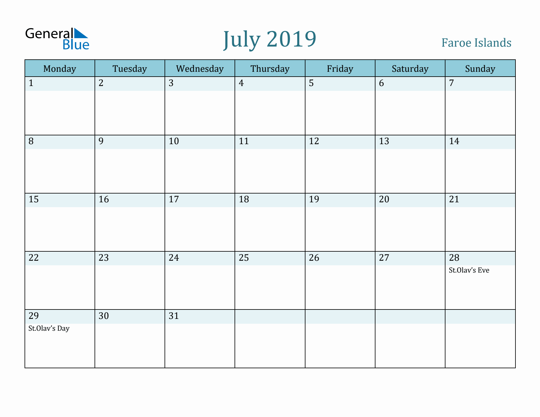 July 2019 Calendar with Holidays