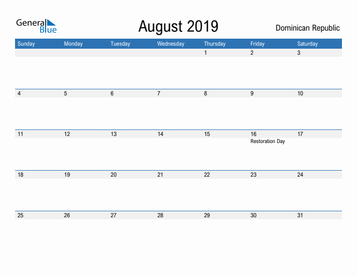 Fillable August 2019 Calendar