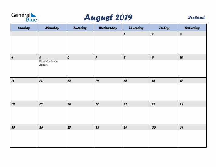 August 2019 Calendar with Holidays in Ireland