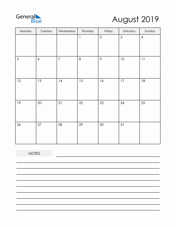 Printable Calendar with Notes - August 2019