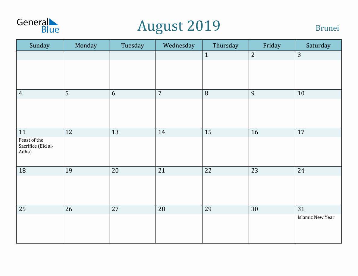 Brunei Holiday Calendar for August 2019
