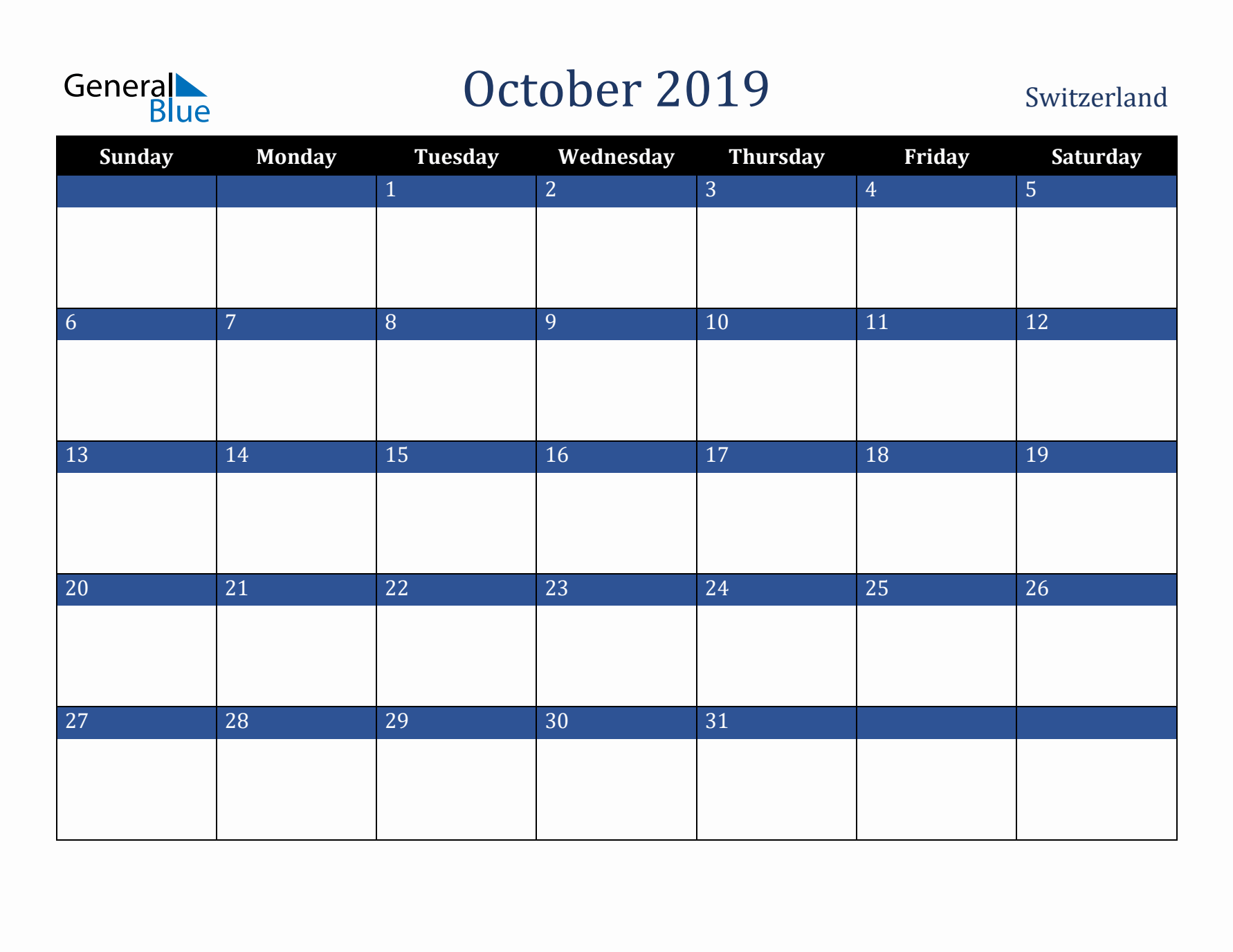 October 2019 Switzerland Calendar (Sunday Start)