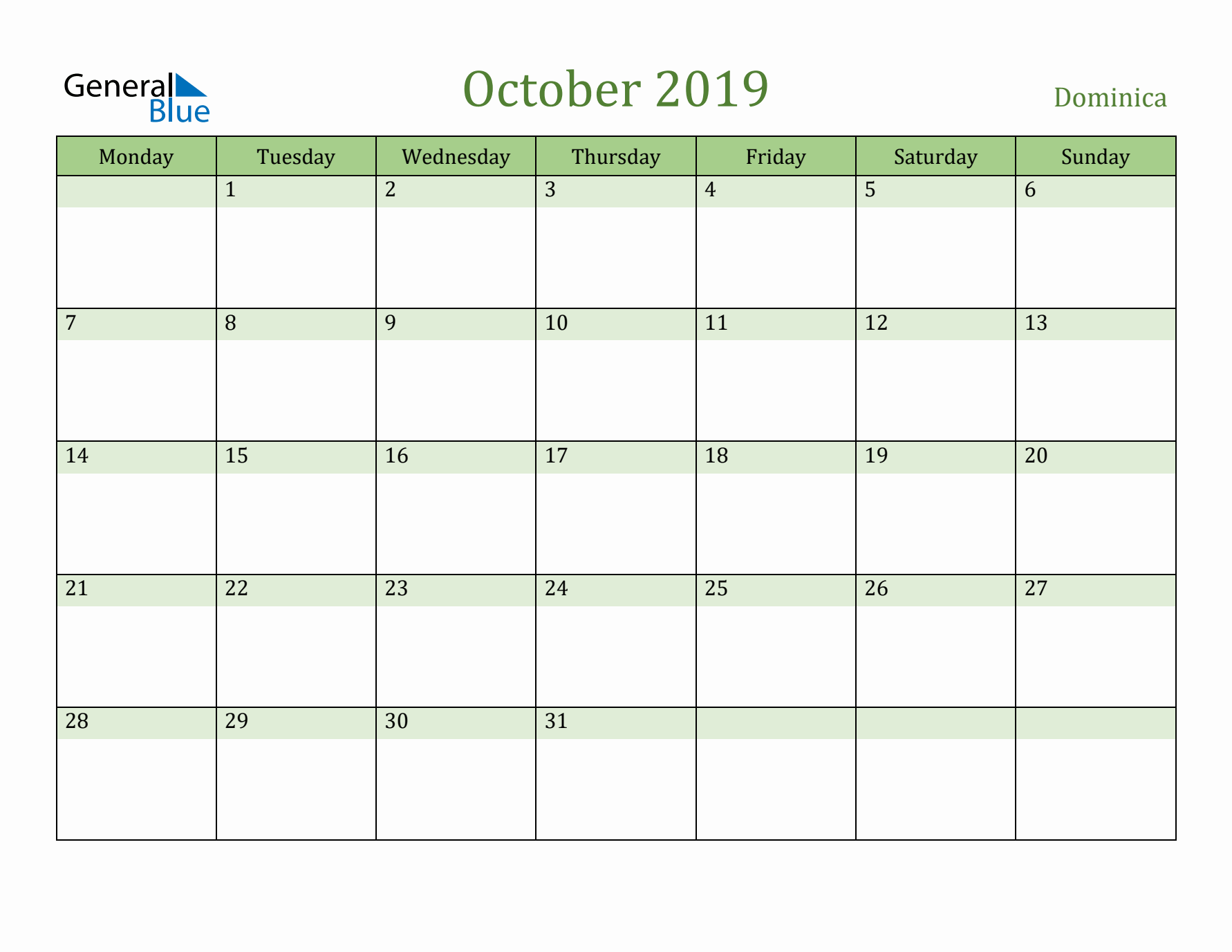 October 2019 Calendar with Dominica Holidays