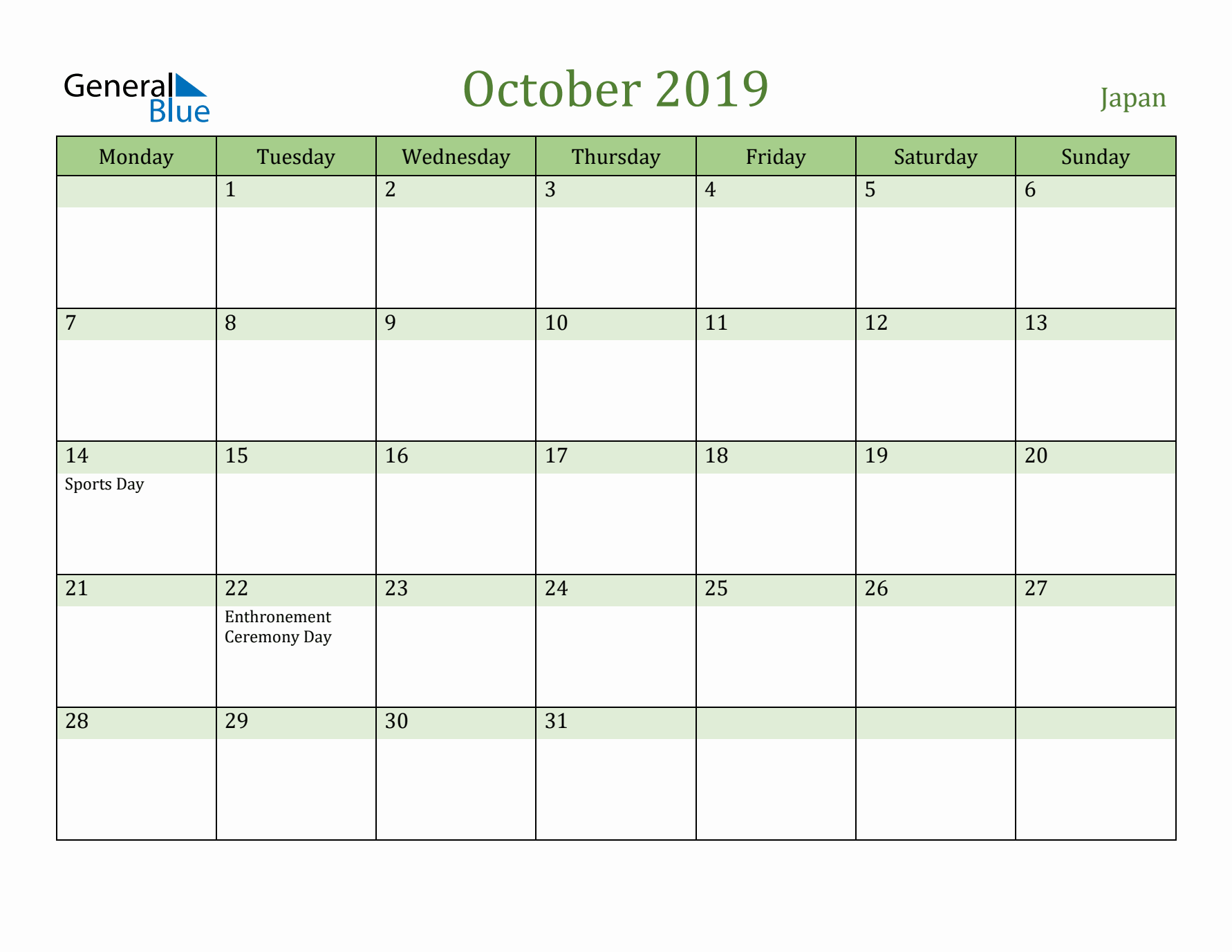 October 2019 Calendar with Japan Holidays