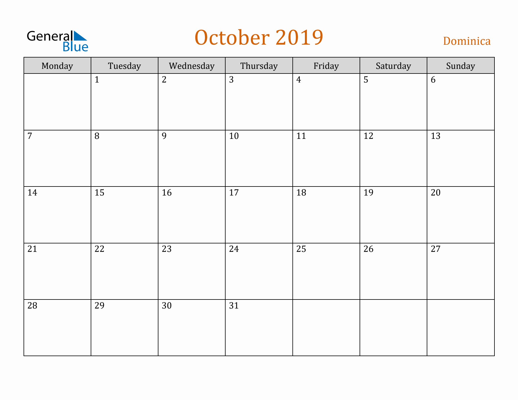 October 2019 Holiday Calendar with Monday Start