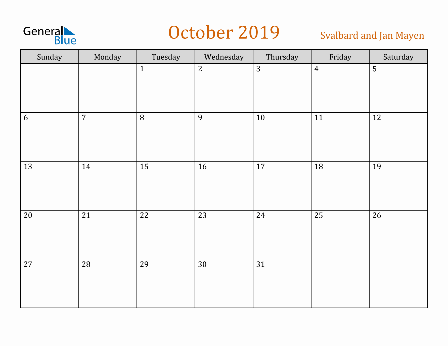 October 2019 Holiday Calendar with Sunday Start