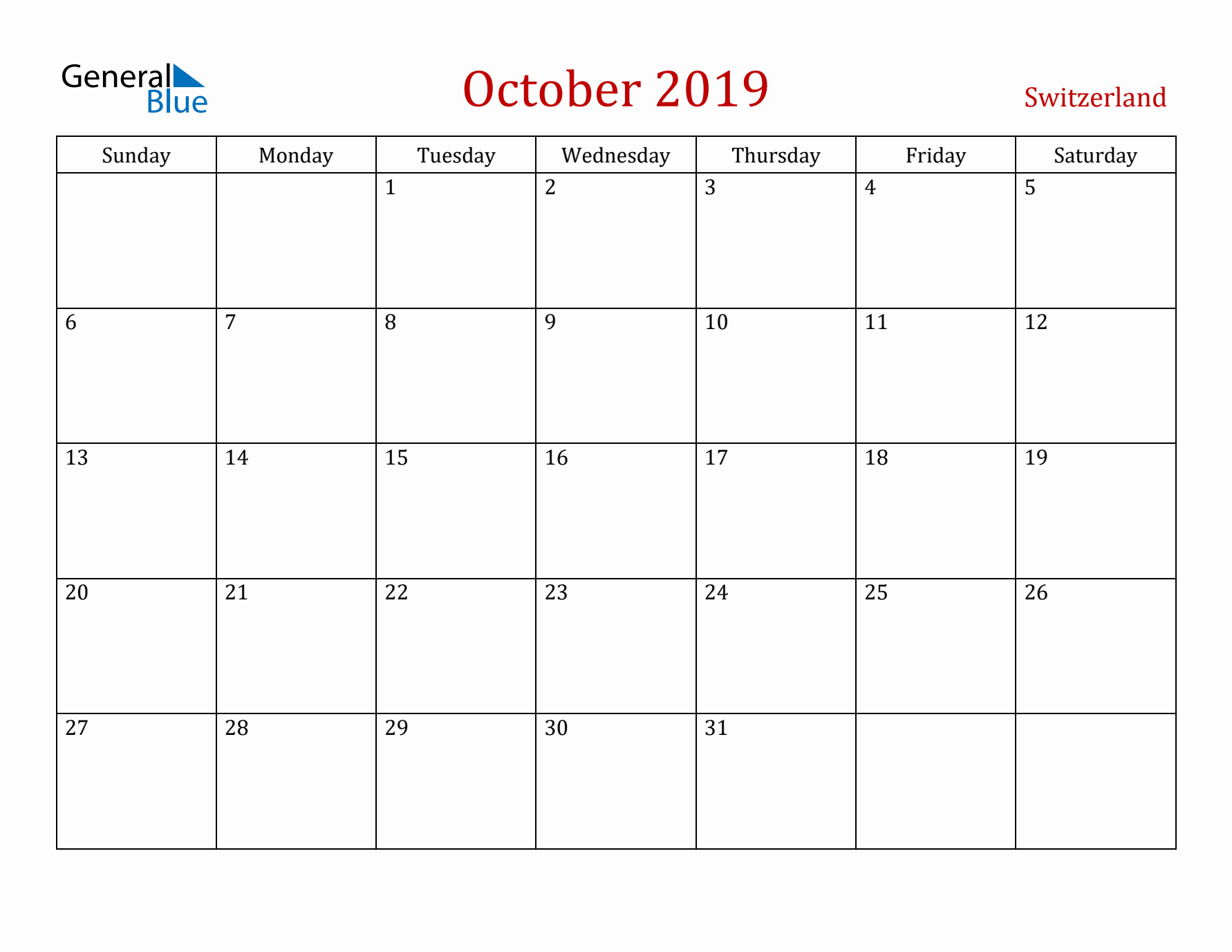 Switzerland October 2019 Calendar - Sunday Start
