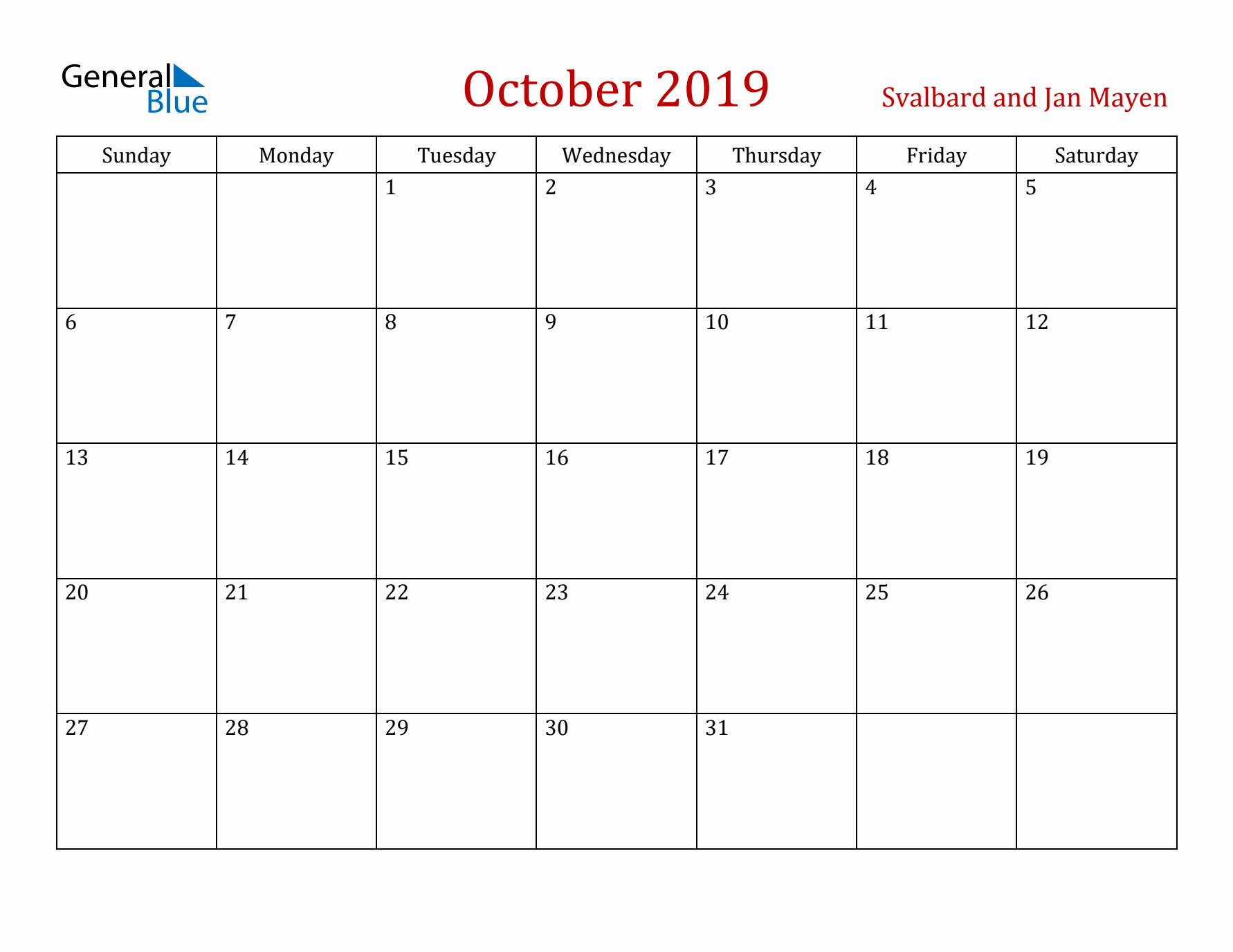 Svalbard and Jan Mayen October 2019 Calendar - Sunday Start
