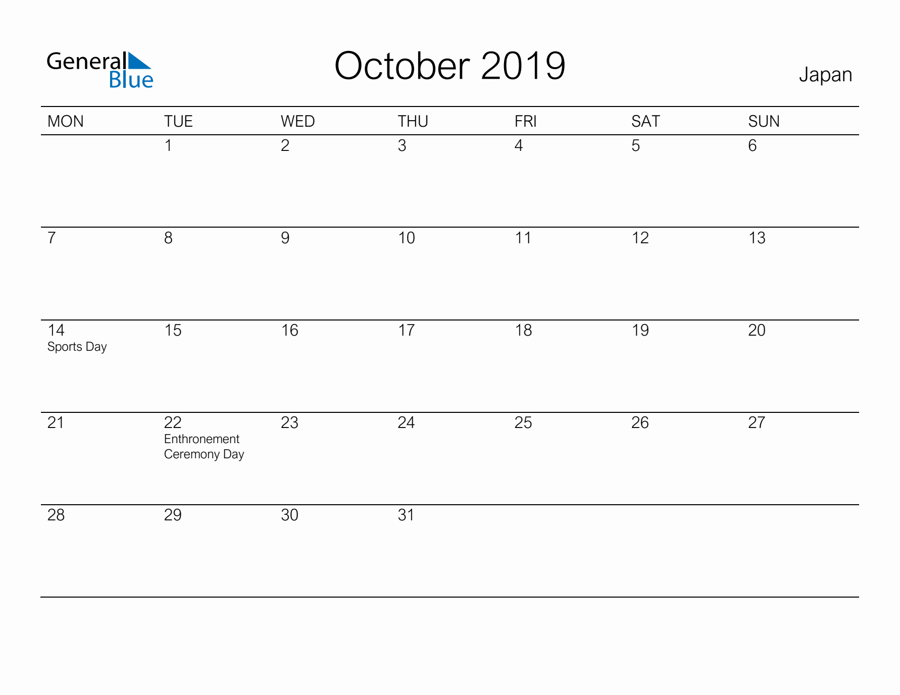 Printable October 2019 Calendar for Japan