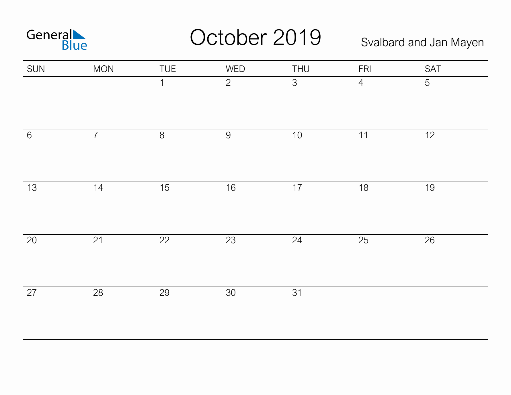 Printable October 2019 Calendar for Svalbard and Jan Mayen