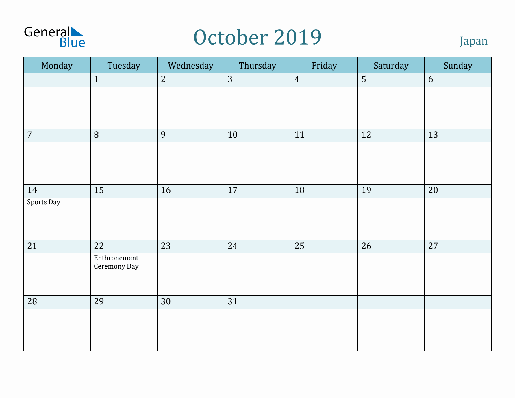 October 2019 Calendar with Holidays