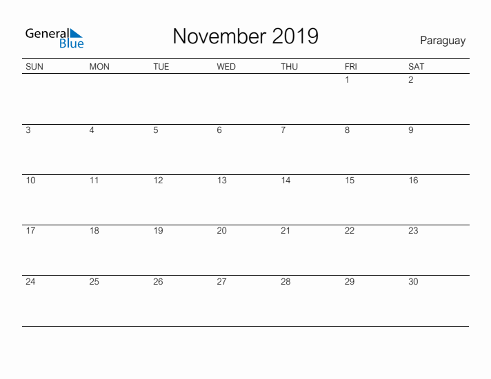Printable November 2019 Calendar for Paraguay