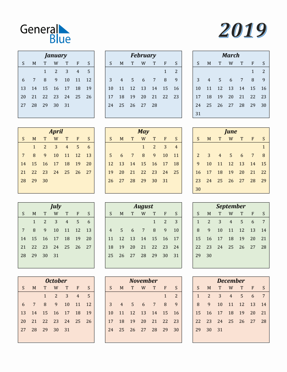 Calendar for Year 2019, image size:918x1188