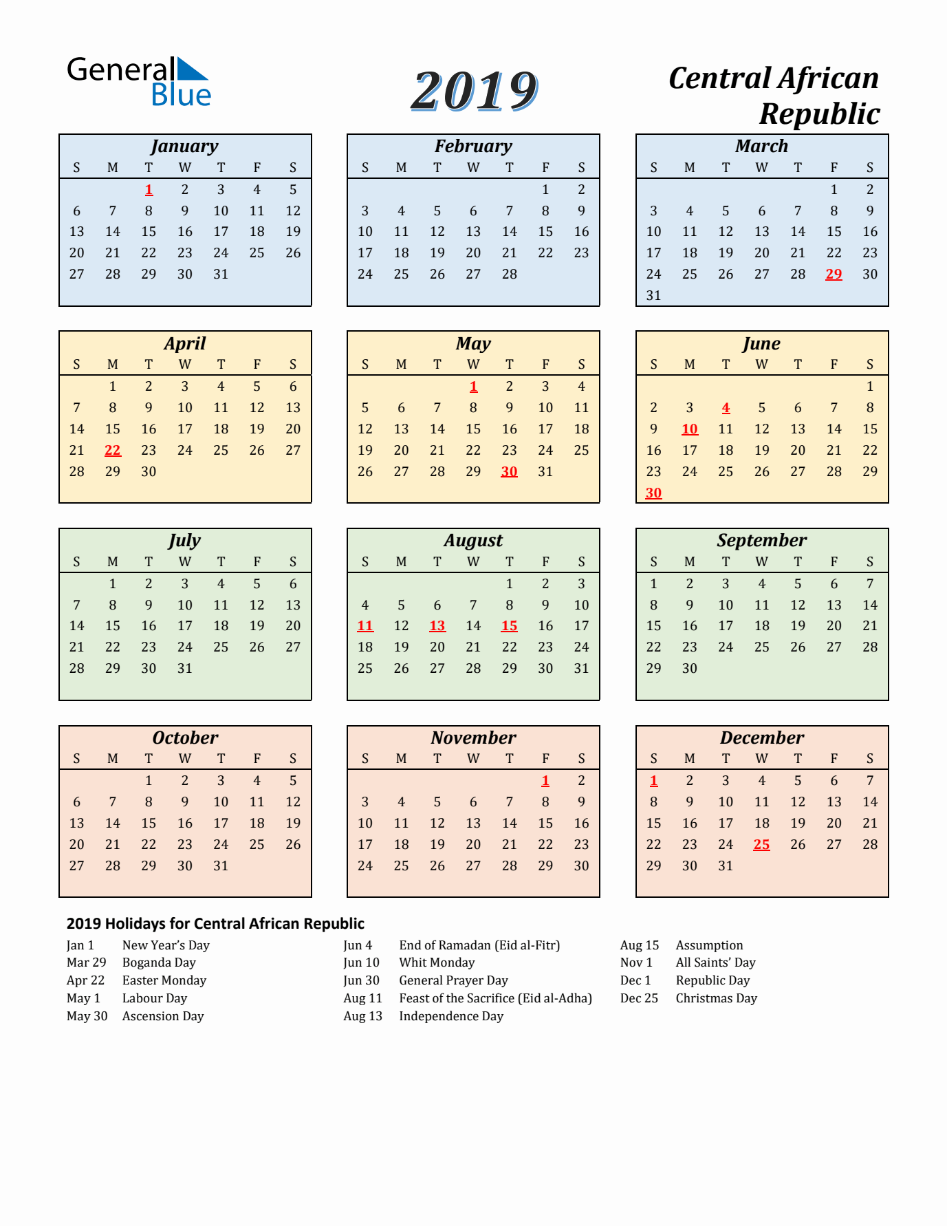Central African Republic Calendar 2019 with Sunday Start