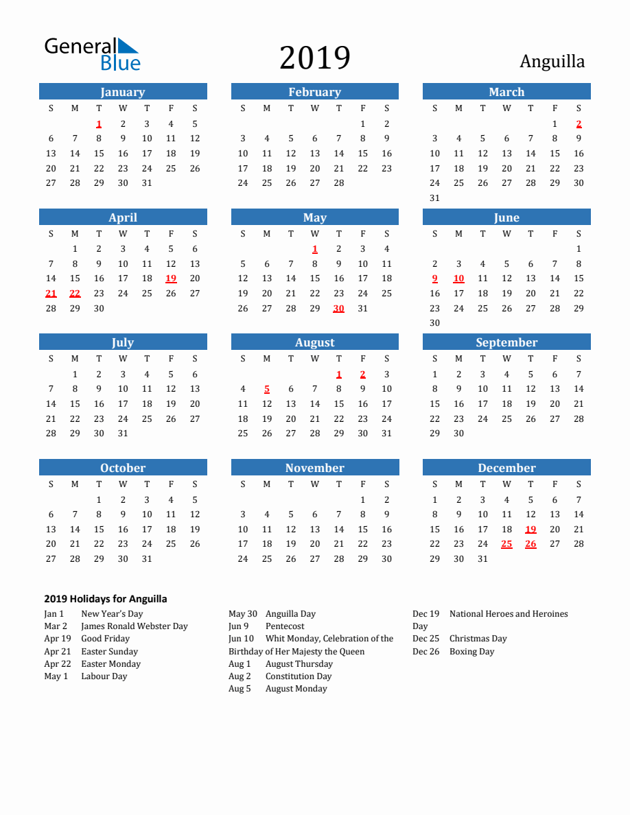 Anguilla 2019 Calendar with Holidays