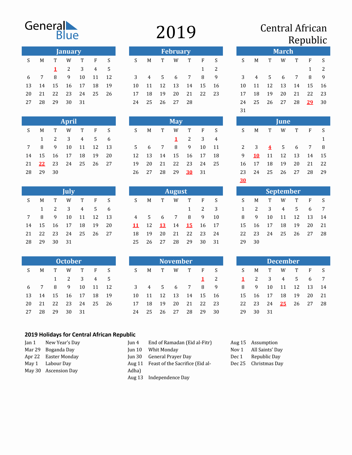 Central African Republic 2019 Calendar with Holidays