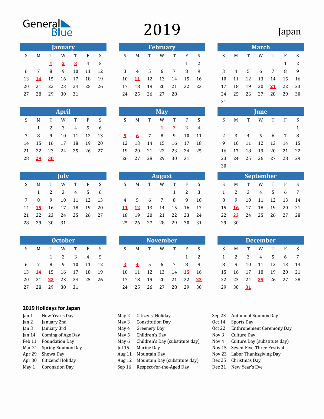 2019 Japan Calendar with Holidays