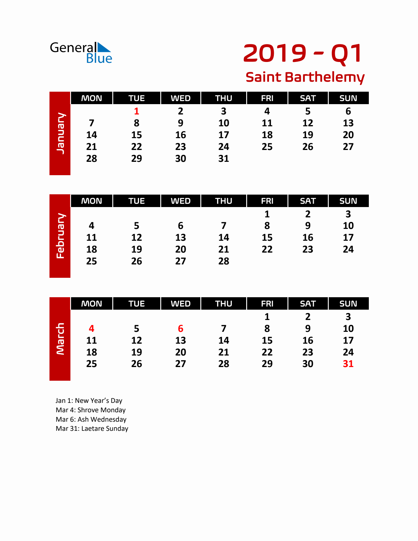 Q1 2019 Calendar with Holidays in Saint Barthelemy