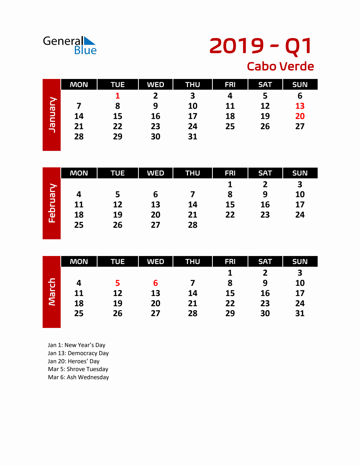 Q1 2019 Calendar with Holidays in Cabo Verde