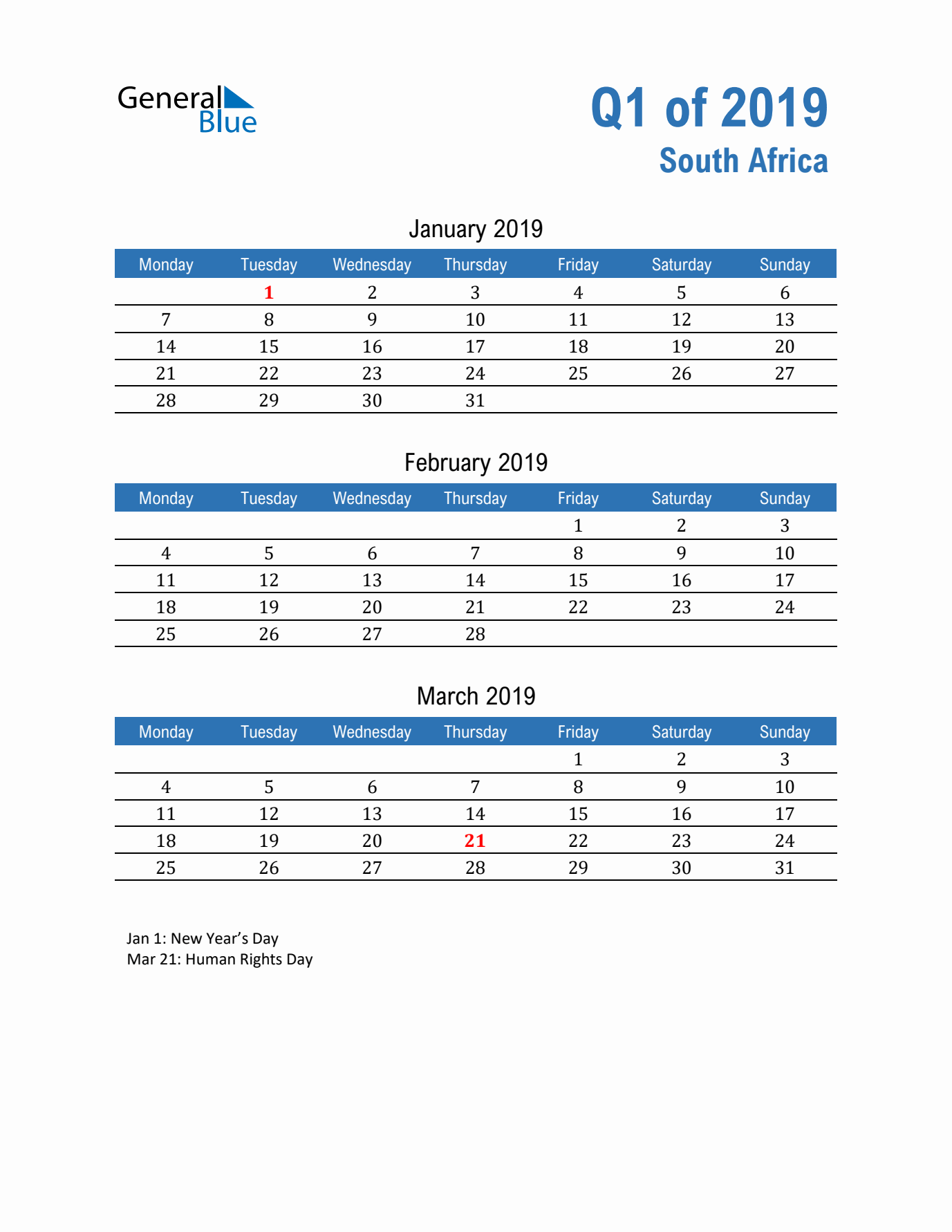 South Africa Q1 2019 Quarterly Calendar with Monday Start