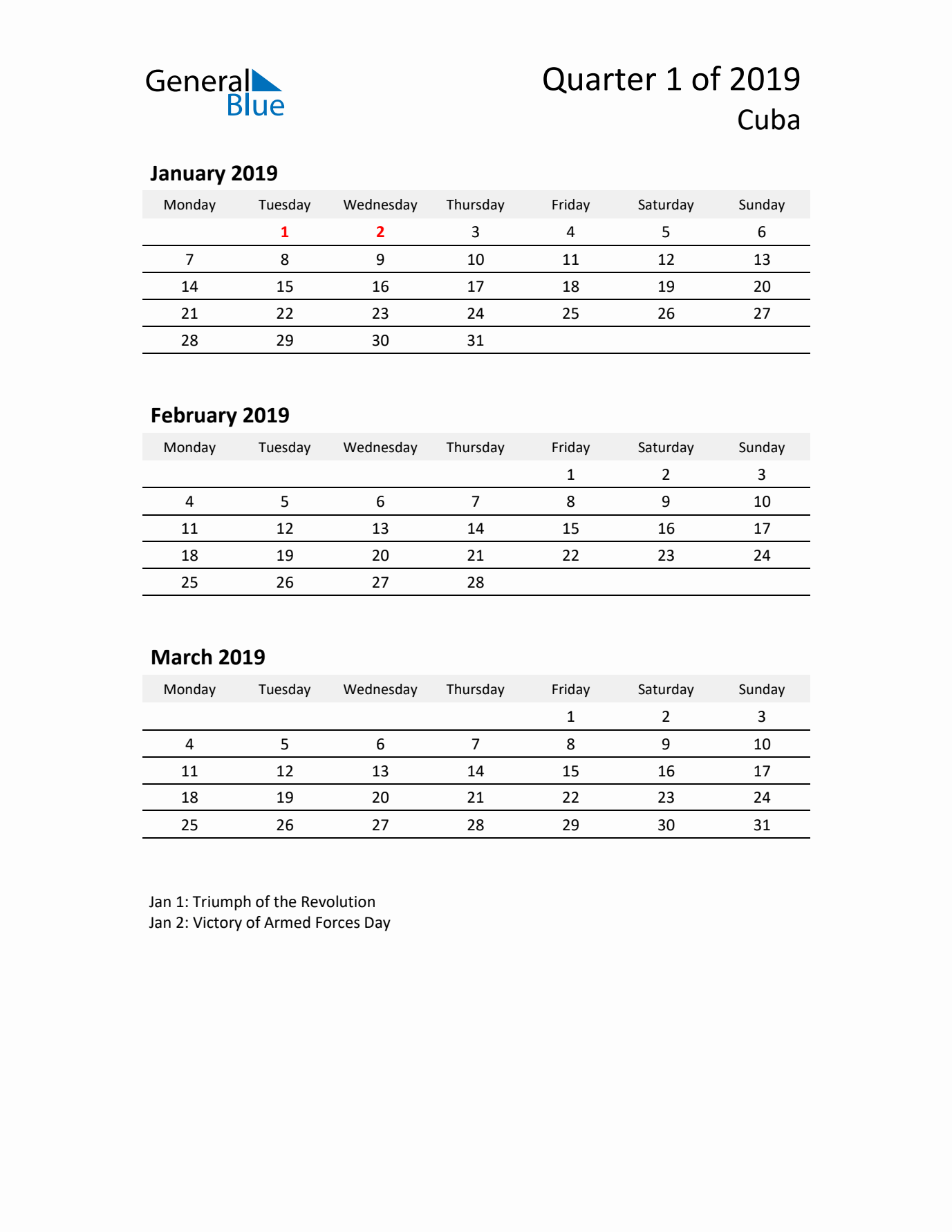2019 Q1 Three-Month Calendar for Cuba