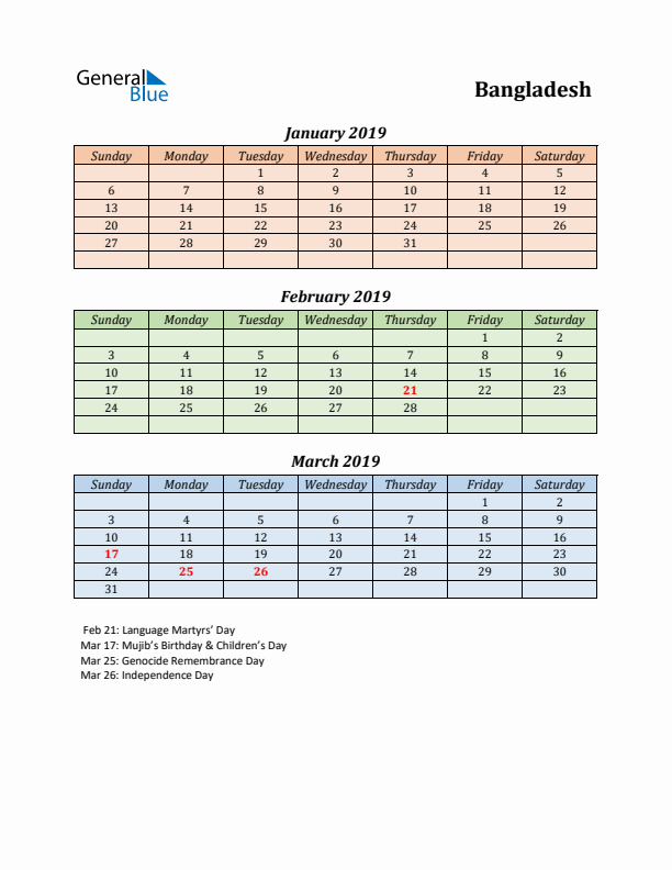 Q1 2019 Holiday Calendar - Bangladesh
