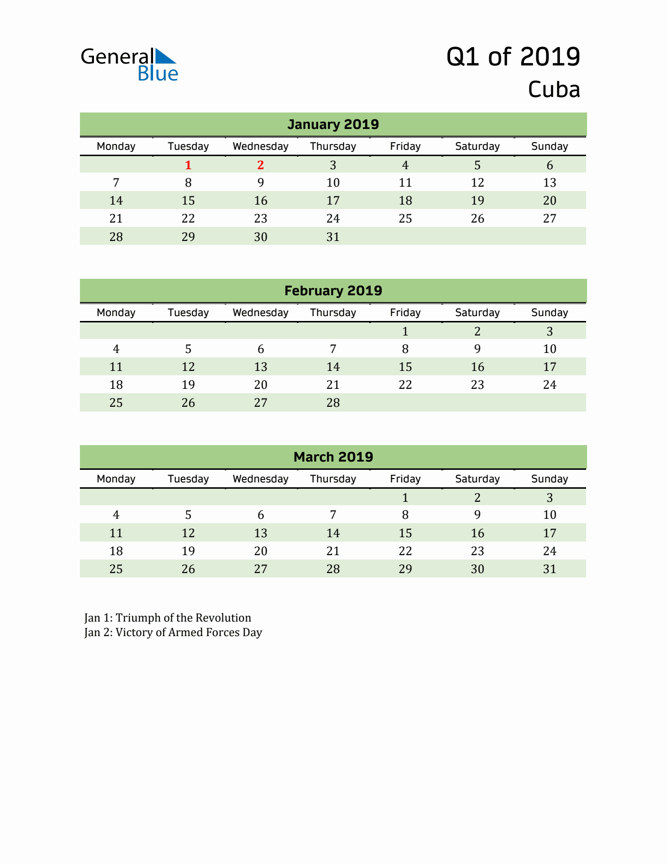Quarterly Calendar 2019 with Cuba Holidays
