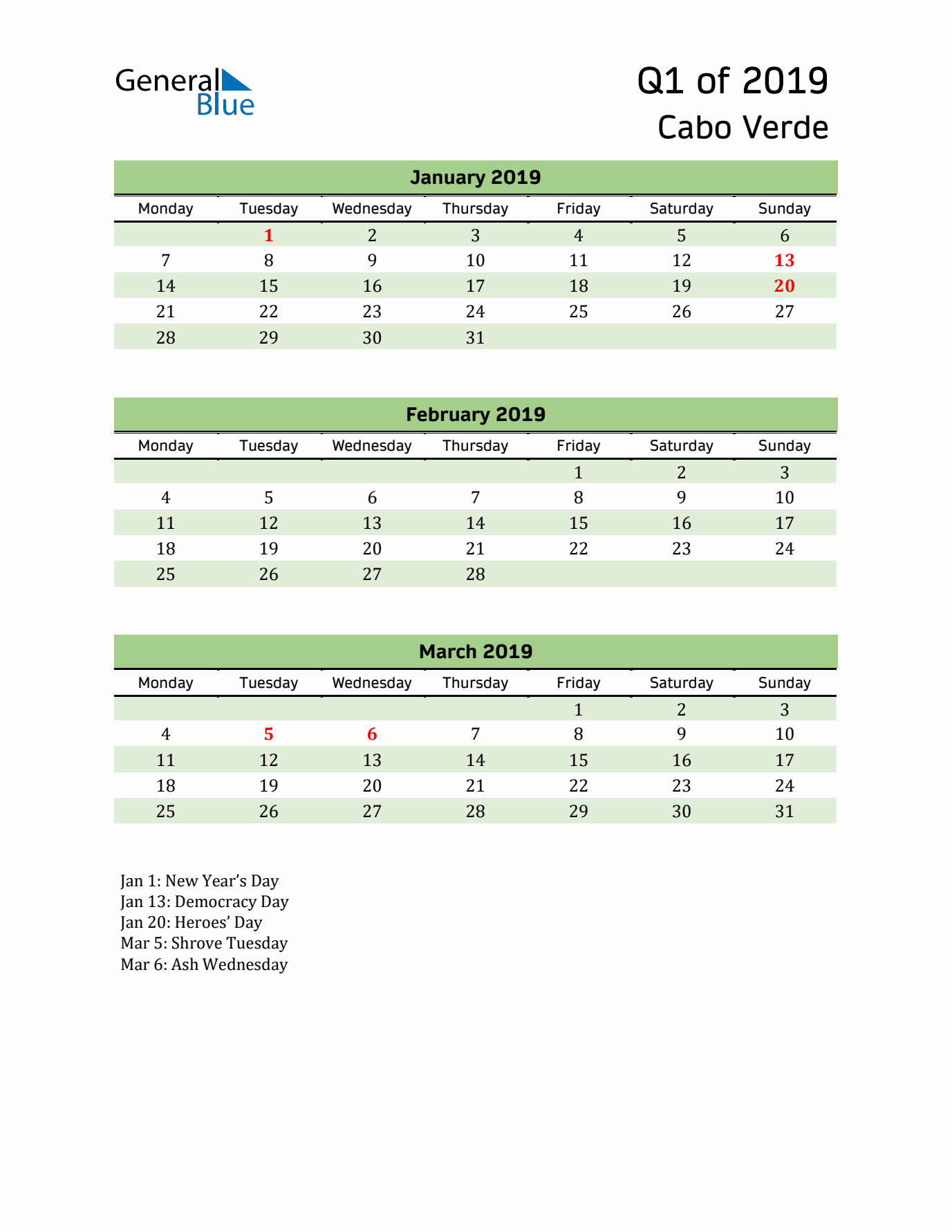 Quarterly Calendar 2019 with Cabo Verde Holidays