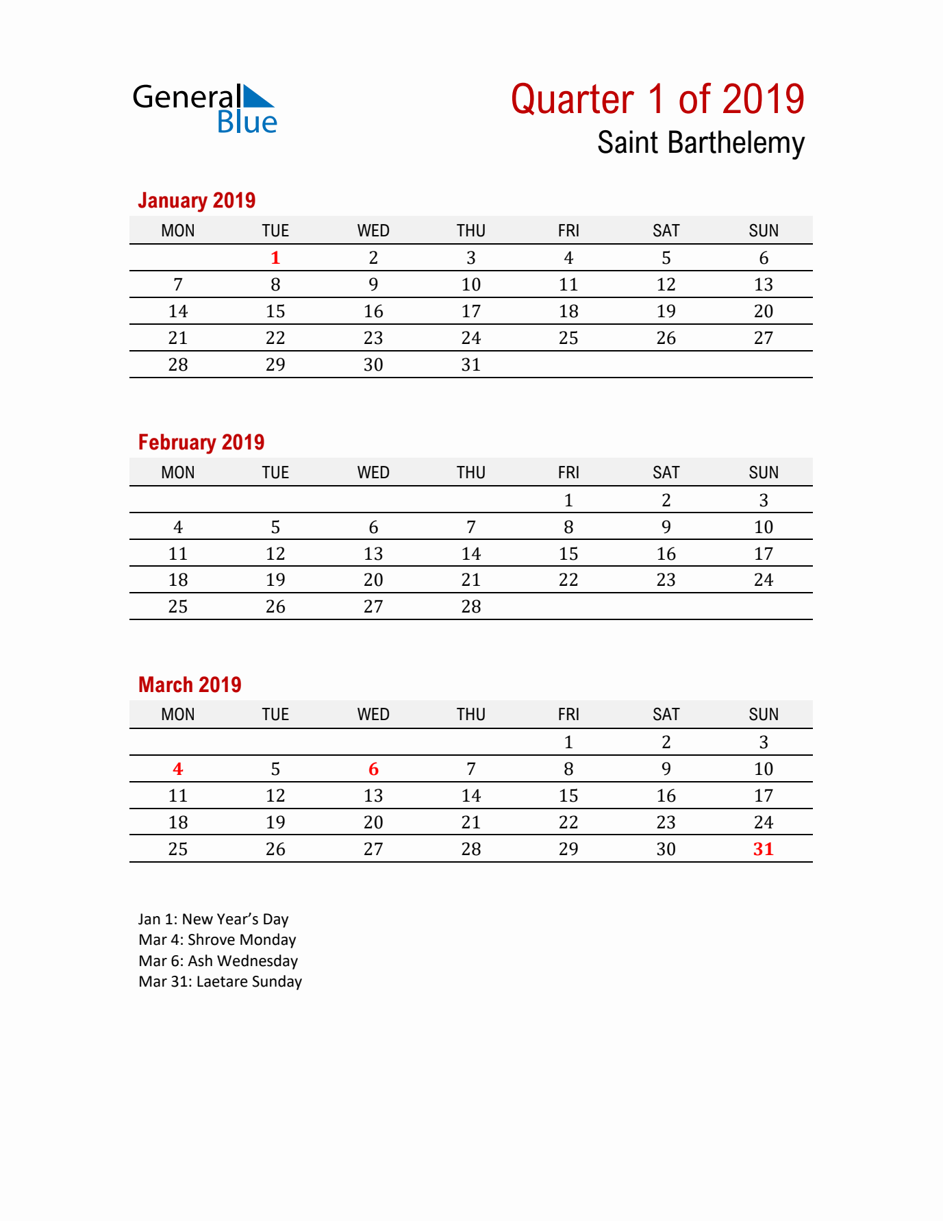 Printable Three Month Calendar with Saint Barthelemy Holidays